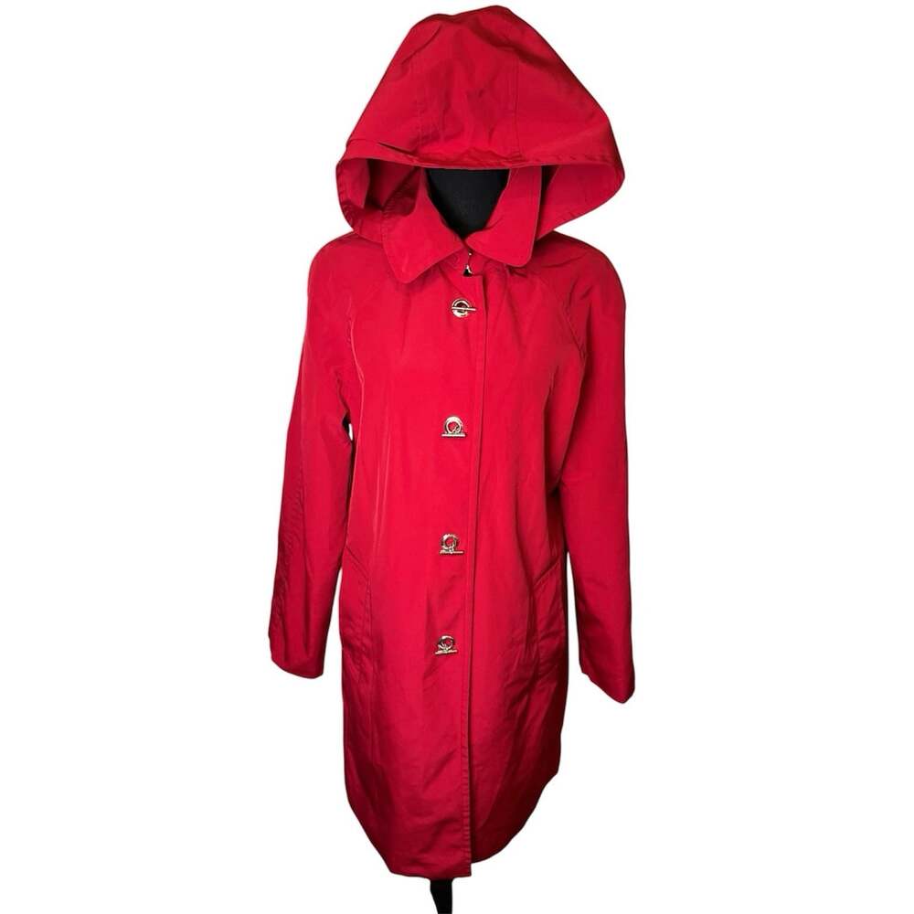 Fog by London Fog Removable Hood Rain Jacket Sz M Red Toggle Closure Mid Thigh